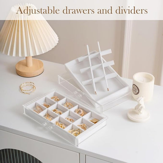 Lolalet Earring Holder Organizer Box Jewelry Storage with 9 Drawers, Clear Acrylic Stackable Earring Case with Adjustable Velvet Trays for Women on Dresser Vanity -Warmwhite, 9 Layers