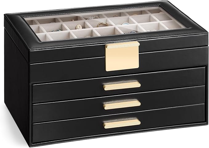 Lolalet Earring Storage Box Case with Glass Top, Large Earring Jewelry Holder Organizer Display with Drawer and Grid, Mothers Day Gifts -4 Tiers, Black