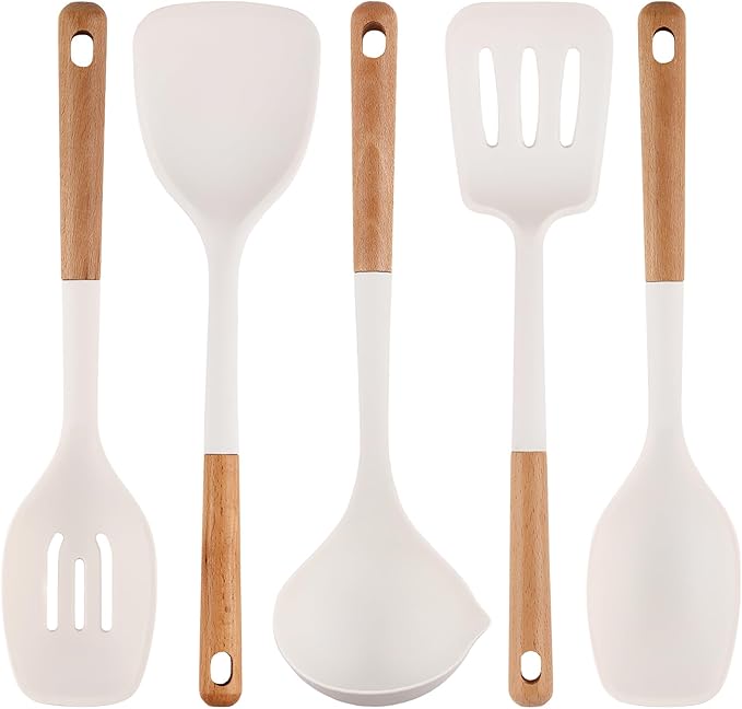 IOCBYHZ Silicone Cooking Utensils Set 5 Pcs Large Non-Stick Kitchen Utensils Set, Wooden Handle Heat Resistance Turner Soup Ladle Spoon Silicone Cooking Kitchen Gadgets BPA Free for Nonstick Cookware