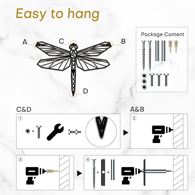 SIGNLEADER Metal Wall Art Decor Geometric Dragonfly Modern Abstract Wall Sculpture Hangings Home Decoration for Living Room, Bedroom, Bathroom, Kitchen, Outdoor - 12" Black
