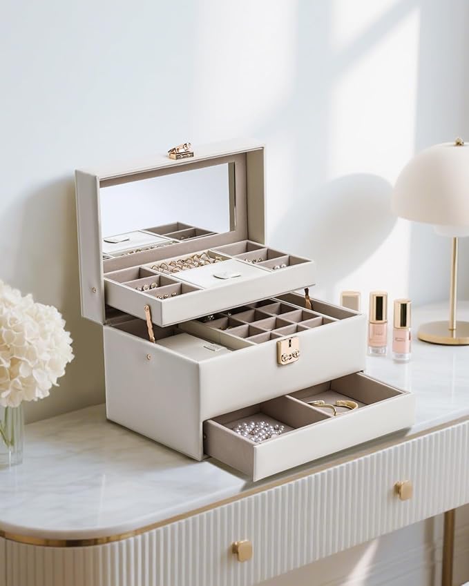 CASEGRACE Jewelry Organizer Box,3 Layers Leather Jewelry Storage Case with Portable Jewelry Case, Removable Jewelry Tray, Home and Travels Storage,Gift for Women (white)