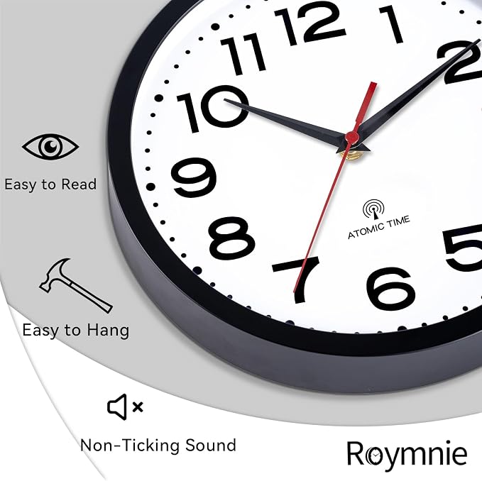 Roymnie Atomic Wall Clock 12 Inch, Modern Clock Battery Operated Classic Analog Decorative for Kitchen, Living Room, Office, Bedroom, Bathroom (Black)