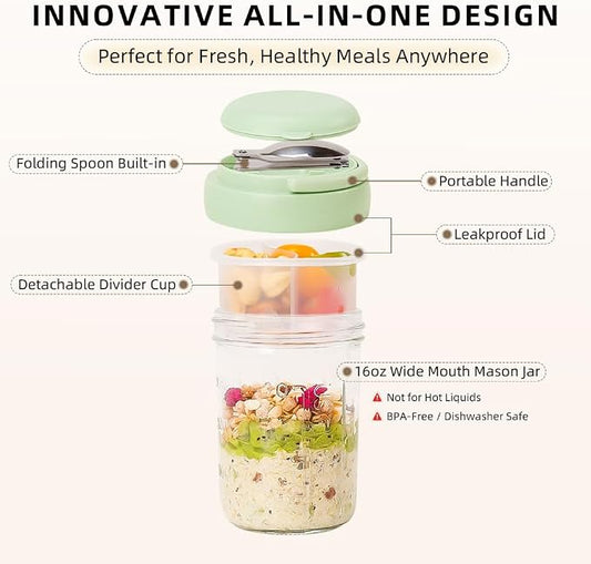 UWILLION Overnight Oats Containers with Handles, 16 oz Glass Mason Jars with Lids, Folding Spoons & Topping Compartments, Yogurt Parfait Cups for Meal Prep, Chia Pudding, Breakfast to Go, 2 Pack