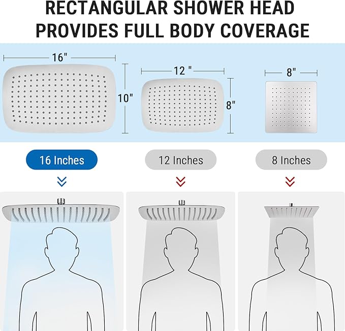 G-Promise All Metal 16 Inch Rain Shower Head with Massage Mode Handheld Spray Combo, 3-Way Diverter with Pause Setting, Full Body Coverage, Modern Bathroom Upgrade (Brushed Nickel)