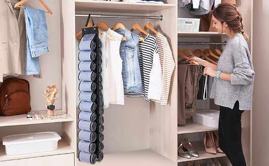 DHSFKBE Legging Organizer, Foldable Hanging Closet Organizer with 26 Roll Compartments for Yoga Clothes, Pants, Shirts (Black)
