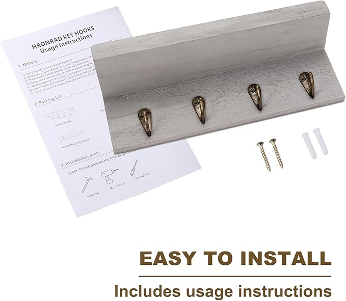 Rustic Key Holder for Wall, Farmhouse Wall Shelf with 4 Hooks, Wall Mounted Key Racks, Wooden Mail Organizer with Hooks for Entryway (Grey)
