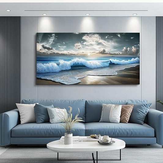 MHARTK66 Blue Ocean Canvas Wall Art Large Paintings For Living Room Landscape Nature Artwork For Walls Beach Wall Decor For Bedroom Wall Art Waves Pictures For The Dining Room Easy Hanging 20x40