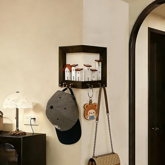 3D Key Holder Wall Mount, Rustic Wood Keys Hanger Organizer Rack for Wall with 4 Hooks and Village Scene, for Farmhouse Entryway Hallway Bedroom, Drilling and Assembly Required (Rustic)
