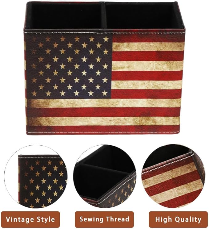 American Flag Desk Organizer, PU Leather Retro Vintage Cool Supplies, Patriotic Decor Pen Pencil Holder Office Home Accessories (USA Flag)