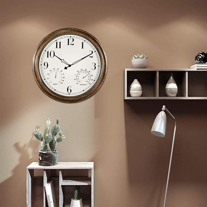 16 Inch Large Outdoor Wall Clock,Waterproof Vintage Non-Ticking Clock with Thermometer and Hygrometer Combo,Battery Operated Clock Wall Decorative- Bronze