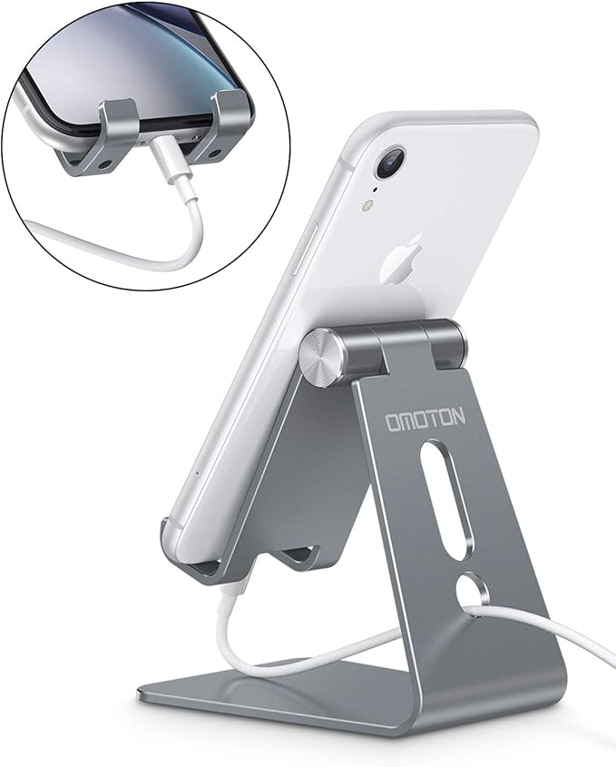 OMOTON Adjustable Cell Phone Stand, C2 Aluminum Desktop Phone Holder Dock Compatible with iPhone 15 14 13 Xs XR 8 Plus 7 6, Samsung Galaxy, Google Pixel, Android Phones, Grey