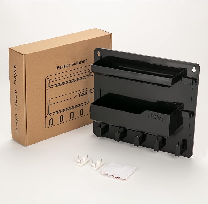 YONGAIJIA Bedside Wall Mount Shelf, Adhesive Bedside Organizer for Remote、Phone、Glasses. Bedside Accessories Storage suitable for College Dorm 、bunk bed 、 Bedroom、Rv(Black)