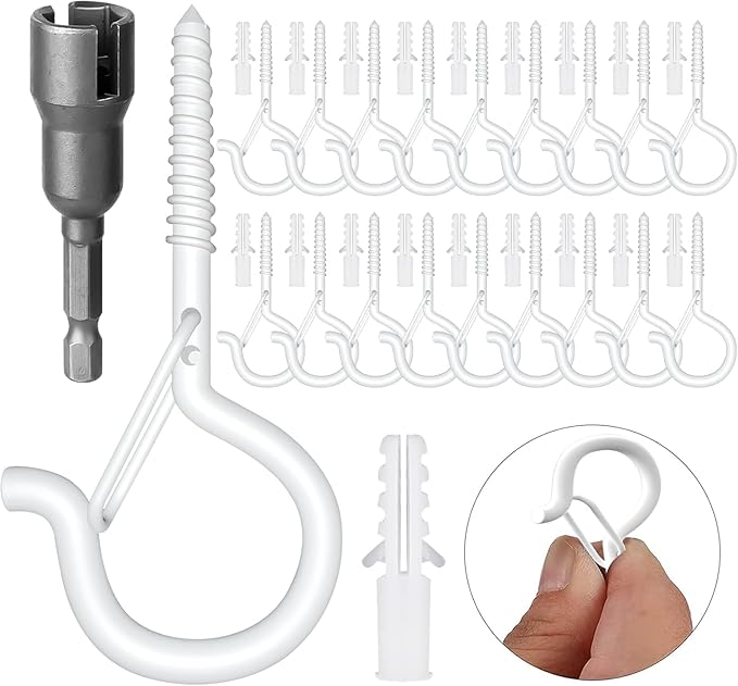 28PCS Q-Hanger, Screw Hooks for Outdoor String Lights - Ceiling Hooks for Hanging Plants Wind Chimes, Safety Buckle Design, Windproof, 2.2 Inches