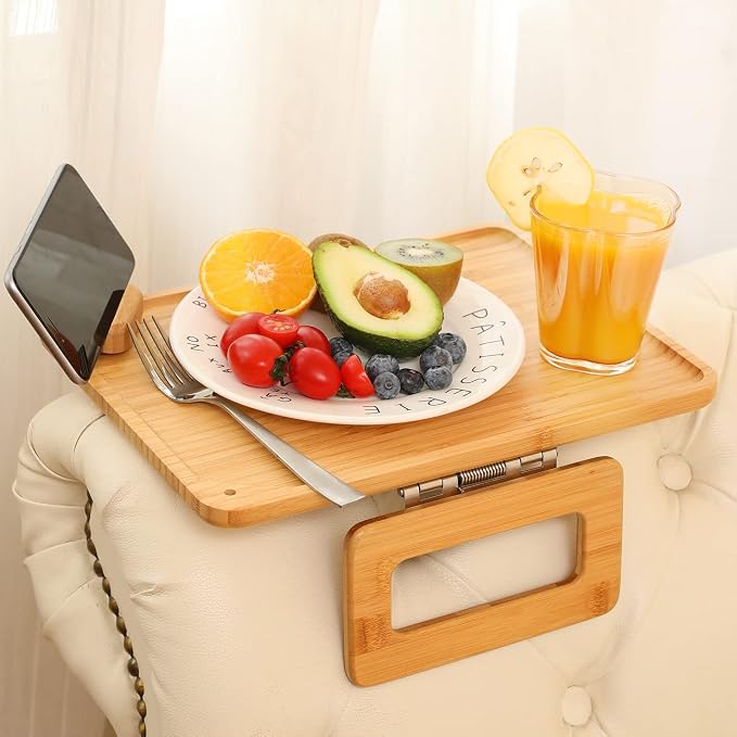 Smatdecis Couch Arm Tray Table Sofa Arm Clip, Armrest Tray Table Suitable for Home Drinks/Fast Food/Fruit Etc, Large Size Multi-Function Natural(360° Rotating Stand B)