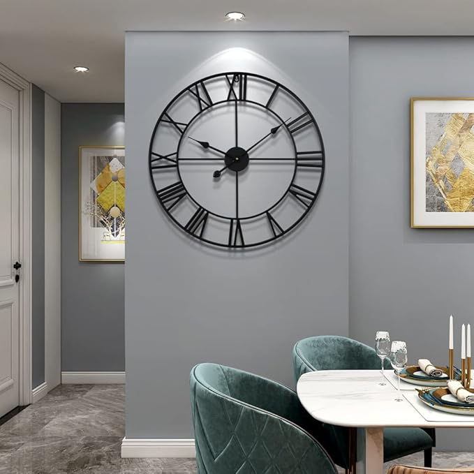 LEIKE Large Modern Wall Clocks,24" Gold Metal,Rustic,Round,Silent Non Ticking,Battery Operated Roman Numerals Clock for Living Room/Bedroom/Kitchen Wall Decor-(Gold, 60cm)