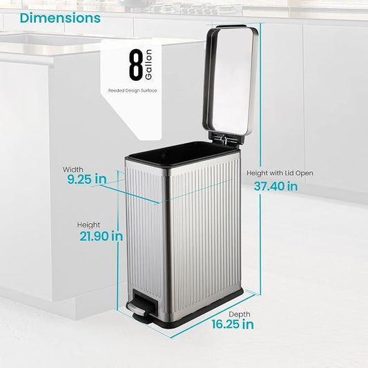 Home Zone Living 8 Gallon Kitchen Trash Can with Slim Fit Design | Stainless Steel with Soft-Close Step Pedal Lid, Bag Tuck Band for Easier Bag Changes, Rectangular Shape, Reeded Style, Silver