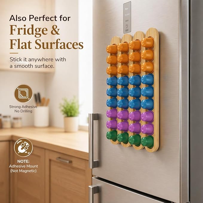 Bamboo Coffee Pod Holder, Adhesive Wall Mount (No Drilling) for Cabinet Door, 36-Capsule Storage (Set of 4) — Vertical/Horizontal — Compatible with Nespresso Original Line-Bamboo Brown
