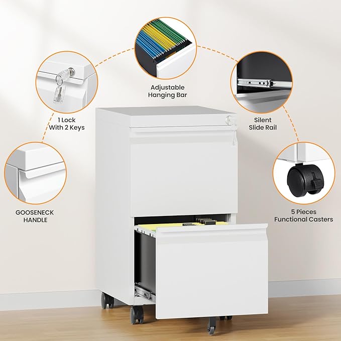 2 Drawer File Cabinet with Lock, Rolling File Cabinets for Home Office, Small Metal Filing Cabinet Office Drawers Under Desk for Letters/Legal/A4 Size, Assembly Required