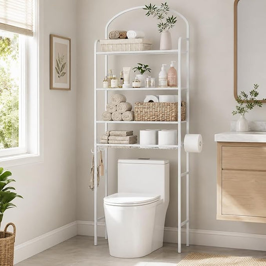 4-Tier Over The Toilet Storage, Bathroom Organizer, Space-Saving, 72" H Above Toilet Storage Rack with 4 Hooks and Paper Holder, Metal Shelf, White