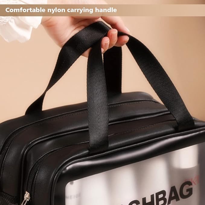 Travel Toiletry Bag for Women and Men, Matte Translucent Toiletry Bag with Handy Handle, Makeup Cosmetic Organizer Bag for Travel Toiletries Accessories (Black-XL)