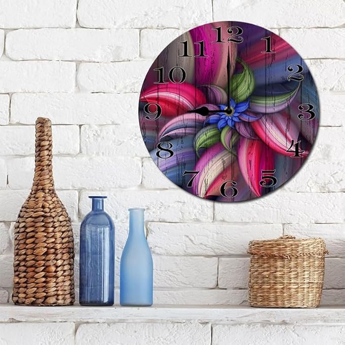 Colorful Flowers Wall Clock 10 Inch Wooden Battery Operated Autumn Forest Maple Leaves Wall Clocks Decorative Indoor,Decorative for Kitchen Bathroom Bedroom
