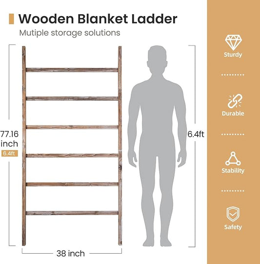 SwaaVee Quilt Ladder 6-Tier Towel Rack, Wooden Decorative Blanket Ladder Shelf for Home Decor, Wall Leaning Farmhouse Quilt Display Towel Holder Organizer for Living Room, Bathroom (38" Wide)