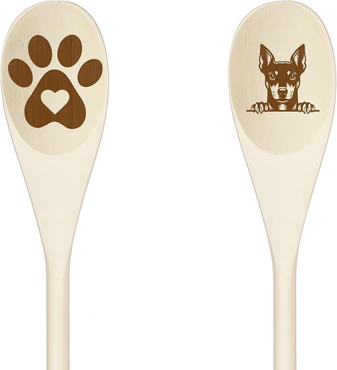 MINIATURE PINSCHER Wooden Spoons for Cooking, Serving or Decorative Kitchen Utensils Set Dog Lover Dog Mom/Dad Gift with Peeking Dog Designs, Paw Print and Dog Head, Kitchen Utensils Set of 2