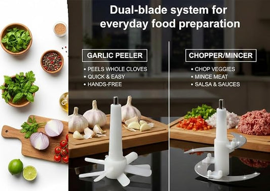 Electric Garlic Peeler & Chopper 300W – Automatic Garlic Peeler Machine with 2L Jar & Dual Blades, Electric Garlic Mincer, Vegetable Chopper & Silicone Garlic Peeler Skin Remover Tool
