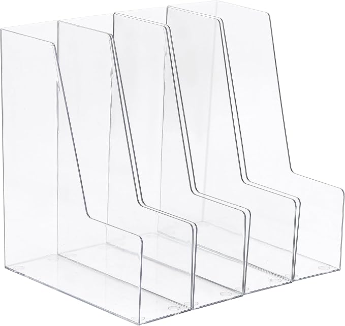 LALOBLUE Vertical Magazine File Holder, Clear, 4 Pack | Plastic, Holds Magazines, Binders, Notebooks, Envelopes, Desk Organizer and Storage Bins