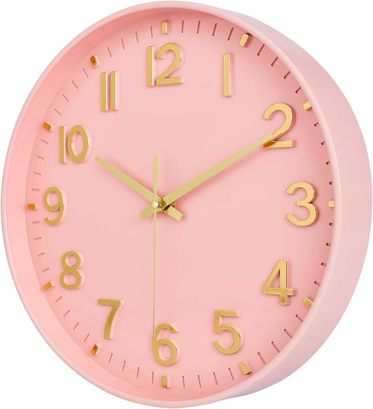 HZDHCLH Wall Clocks Battery Operated,Wall Clock Pink Gold 12 inch Wall Clock Silent Non Ticking Modern 3D Numbers for Office Kitchen Classroom Bedroom Living Room Decor