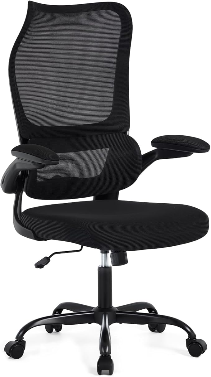 Ergonomic Office Chair, High Back Breathable Mesh Computer Desk Chair with Adjustable Lumbar Support and Flip-Up Armrests, 300LB Capacity Executive Swivel Task Gaming Seat for Home and Office (Black)