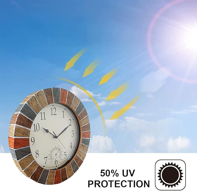 UMEXUS Indoor Outdoor Clock and Thermometer, 13 Inch Large Waterproof Weatherproof Wall Clocks, Retro Silent Non-Ticking Battery Operated Decor for Garden Kitchen Bathroom