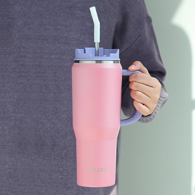EALGRO 40 oz Tumbler with Handle, Insulated Tumblers with Lid and Straw, Large Metal Sports Water Bottle Jug, Thermal Stainless Steel Travel Coffee Mug Cup, Light Blue