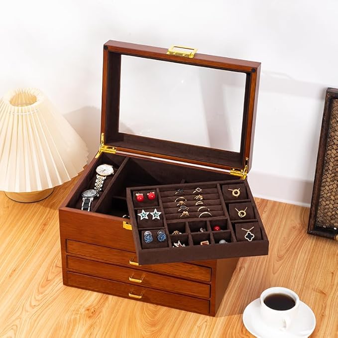 4-Layer Black Walnut Wooden Jewelry Box with Glass Lid, Soild Wood,Jewelry Organizer for Versatile Necklace, Watch, Ring Earring Storage for Women Christmas Gift