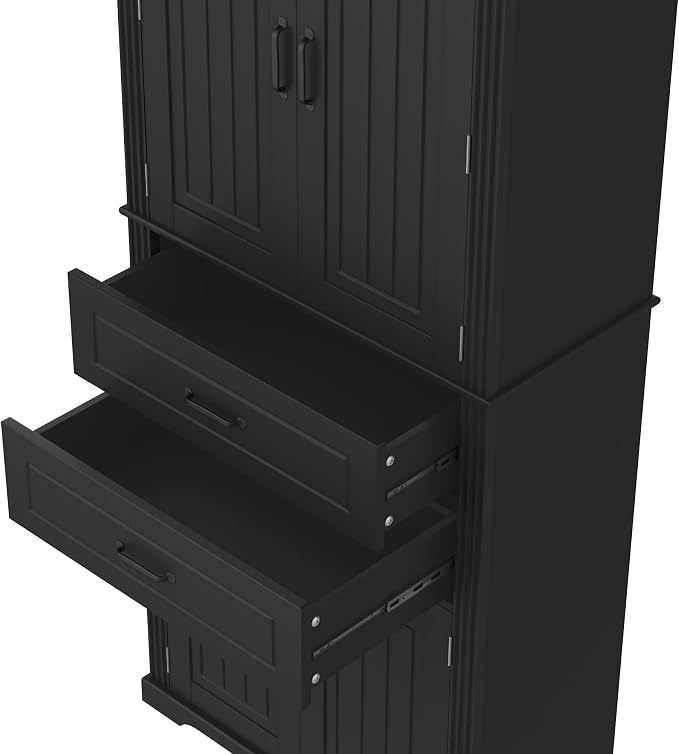 Storage Cabinet,Tall Freestanding Cabinet with Adjustable Shelf | Tall storage cabinet, 4-door design, 5+ shelves, upper door shelves, and 2 pull-out compartments for organized storage