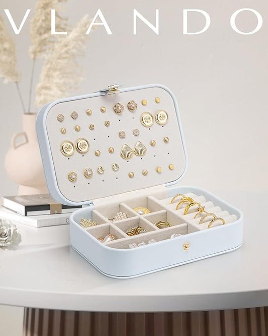 VLANDO Travel Jewelry Case, PU Leather Travel Jewelry Box with Earring Holder, Portable Display Mini Jewelry Case for Mothers Day Women Girls Gift - Blue