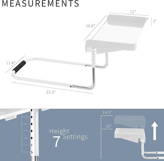 Height Adjustable Under Mattress 17 inch Bedside Shelf, Works with Lofts and Beds Without Frames, Heavy Duty Storage Tray, Fits Laptops, Books, and Drinks, Nightstand Alternative, White