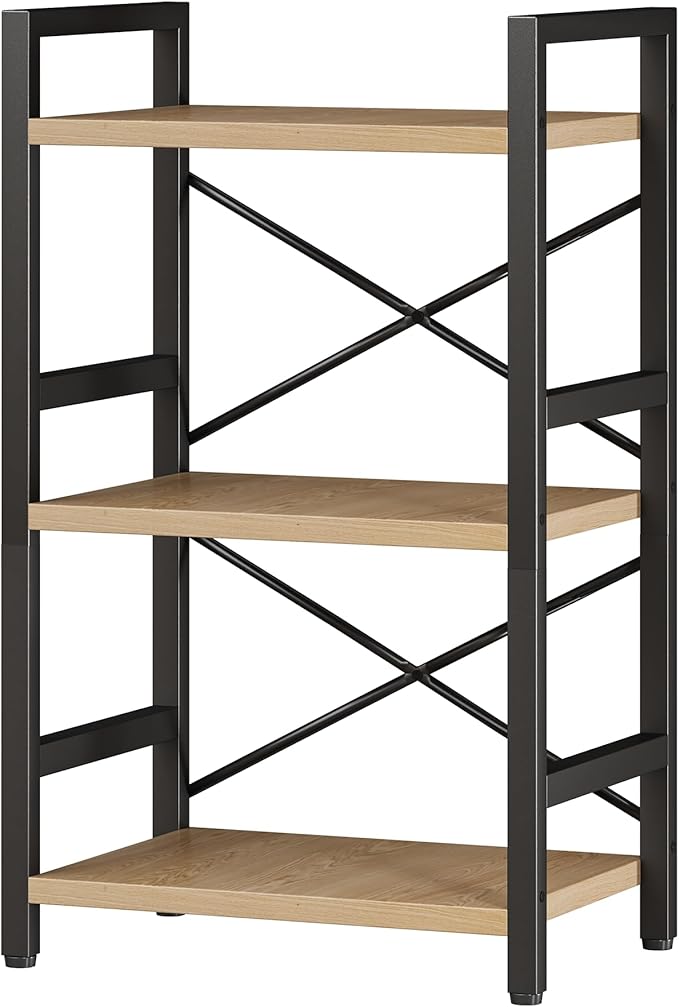 Homeiju Bookshelf, 3 Tier Industrial Bookcase, Metal Small Bookcase, Rustic Etagere Book Shelf Storage Organizer for Living Room, Bedroom, and Home Office(Light Coffee) Patent Pending D29873033