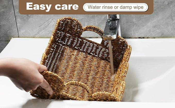 Scalloped Resin Wicker Basket: Set of 2 Water- Resistant Bath Organizers for Towel - Boho & Farmhouse Aesthetics