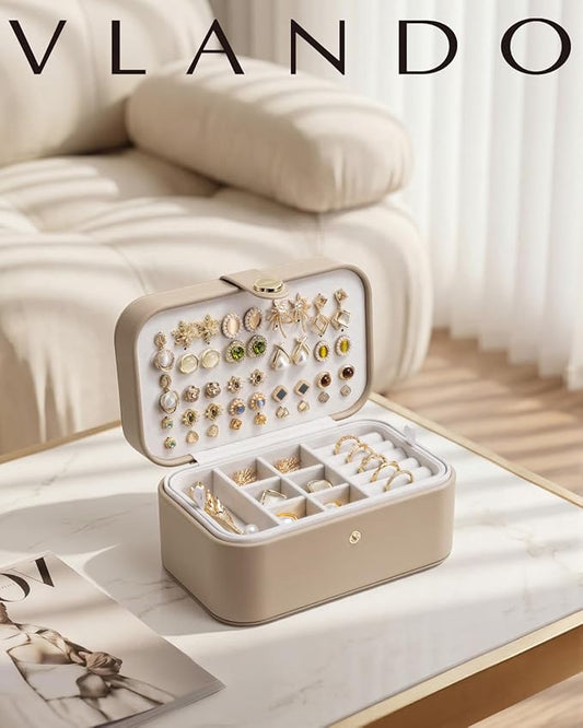 VLANDO Travel Jewelry Case, 2-Layer Jewelry Box, Portabel Travel Organizer for Necklaces, Earring, Bracelets, Ring, Watch - Large Capacity Travel Jewelry Storage - Toffee