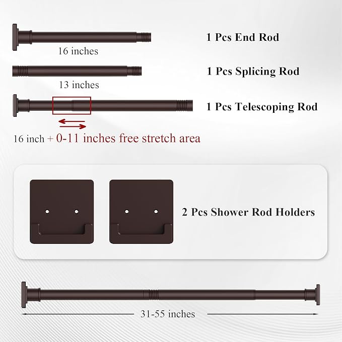 UIOSANRT Brown Shower Curtain Rod 31-55 inches, Stainless Steel Shower Rod & Tension Rod, Adjustable Tension Shower Rod for Bathroom, Windows, Closet
