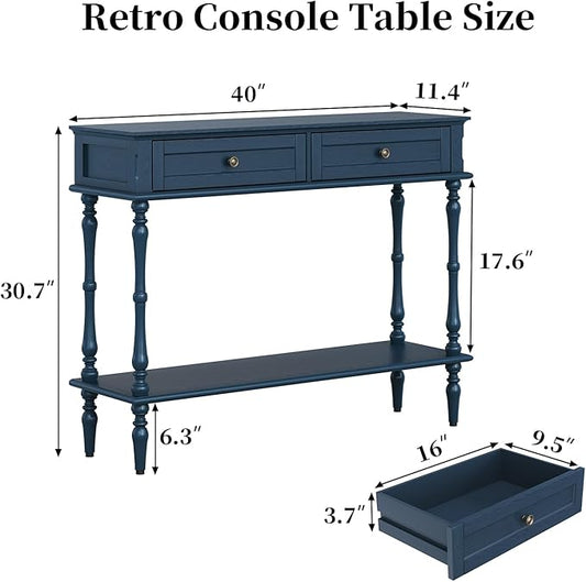 ARTPOWER Console Table for Entryway with 2 Drawers-Minimal Assembly,Blue Retro Entryway Table with Storage Cabinets and Open Shelf,Narrow Long Couch Table Behind Sofa for Living Room,Foyer,Hallway