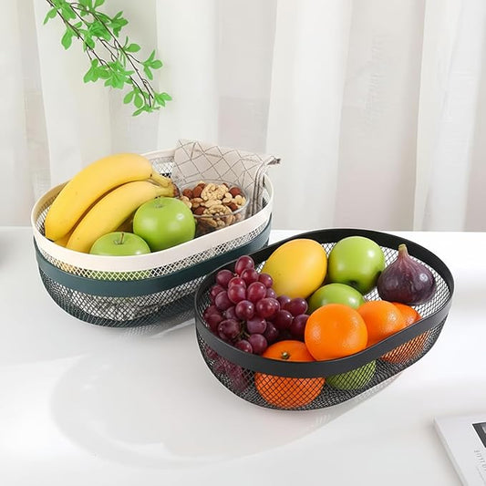 XIKEMADI Oval Metal Mesh Basket - Elegant Multi-Purpose Kitchen Fruit & Snack Storage Organizer, Ideal for Countertop, Entertaining & Gift Giving (White)