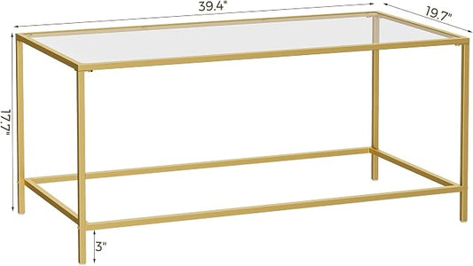 Homleke Glass Coffee Table, Modern Rectangular Coffee Table for Living Room, Minimalist Center Tea Table with Sturdy Metal Frame for Apartment, Office, Easy Assembly, 39.4 x 19.7 x 17.7 Inches, Golden