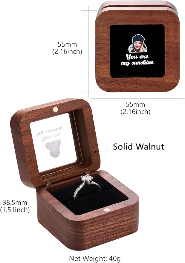 Custom4U Personalized Wooden Ring Box for Wedding Day Vintage Small Engagement Ring Holder for Proposal Custom Ring Bearer for Ceremony Jewelry Gift