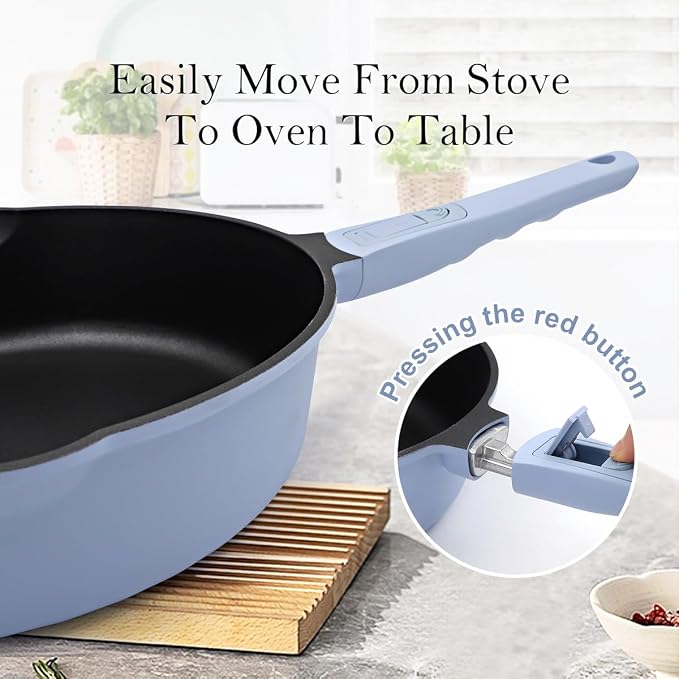 Pots and Pans Set Non Stick, Nonstick Cookware Set, Steamer Pot and Pan for Cooking, Kitchen Cookware Sets Non Toxic, Induction Compatible, Detachable Handle, Oven Safe, PFOS & PFOA Free,Blue