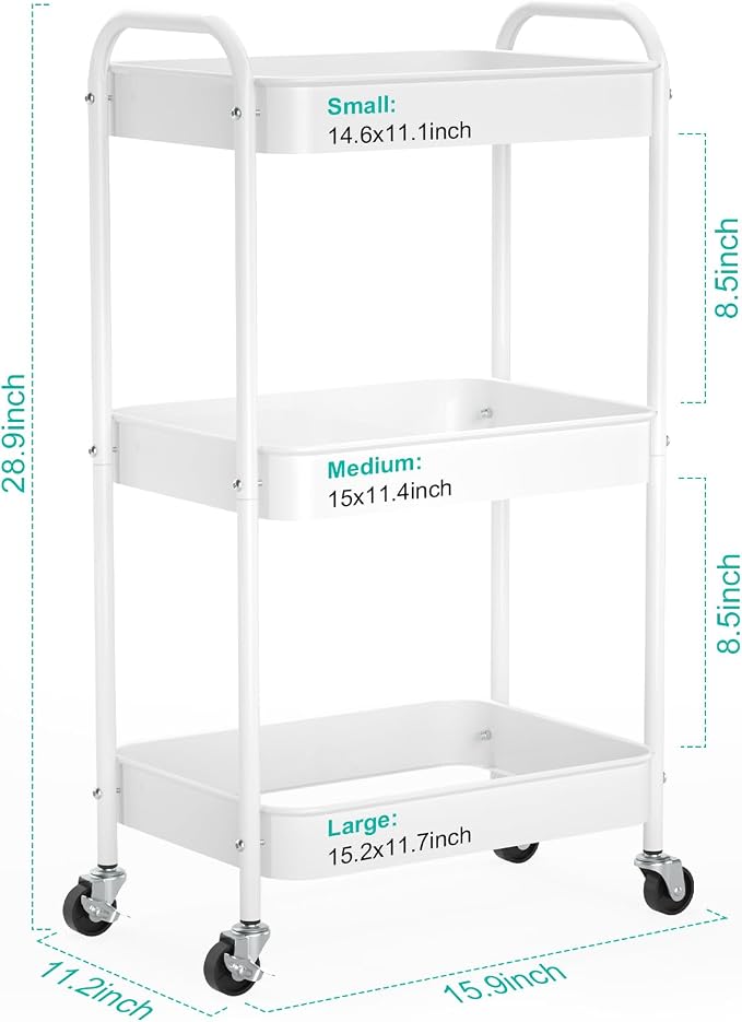 3-Tier Rolling Cart, Metal Utility Storage Carts with Wheels,White | Multi-Functional Organizer Snack Cart Easy Assembly