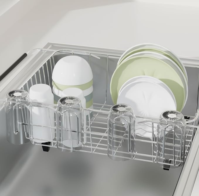 12 Inch Stainless Steel Cup Drying Rack with 4 Hooks, Kitchen Mug Holder Organizer for Glasses, Baby Bottles, Travel Mugs, Dishwasher Safe Kitchen Drainage Basket