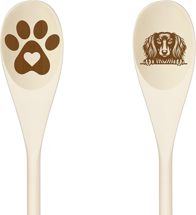 LONG HAIRED DACHSHUND Wooden Spoons for Cooking, Serving or Decorative Kitchen Utensils Set Dog Lover Dog Mom/Dad Gift with Peeking Dog Designs, Paw Print and Dog Head, Kitchen Utensils Set of 2
