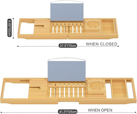 Sen Yi Bao Luxury Bamboo Bathtub Tray - Wooden Expandable Caddy with Book, Tablet, Wine Holder - Gift Idea